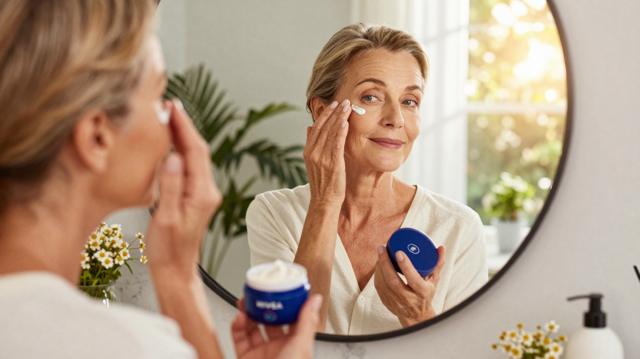Mulher madura aplica creme hidratante no rosto olhando para espelho num ambiente iluminado e acolhedor.