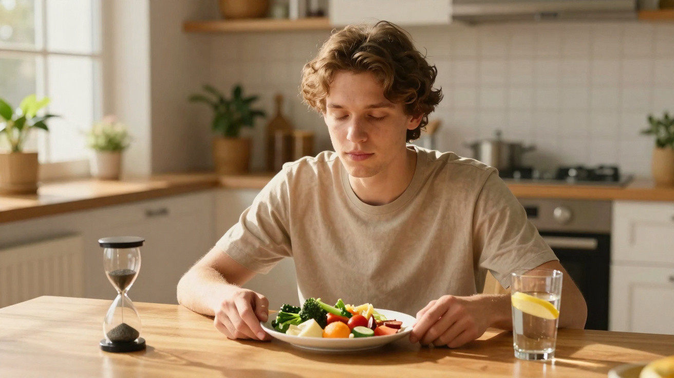 Homem jovem a olhar para um prato de legumes variados numa cozinha com luz natural.