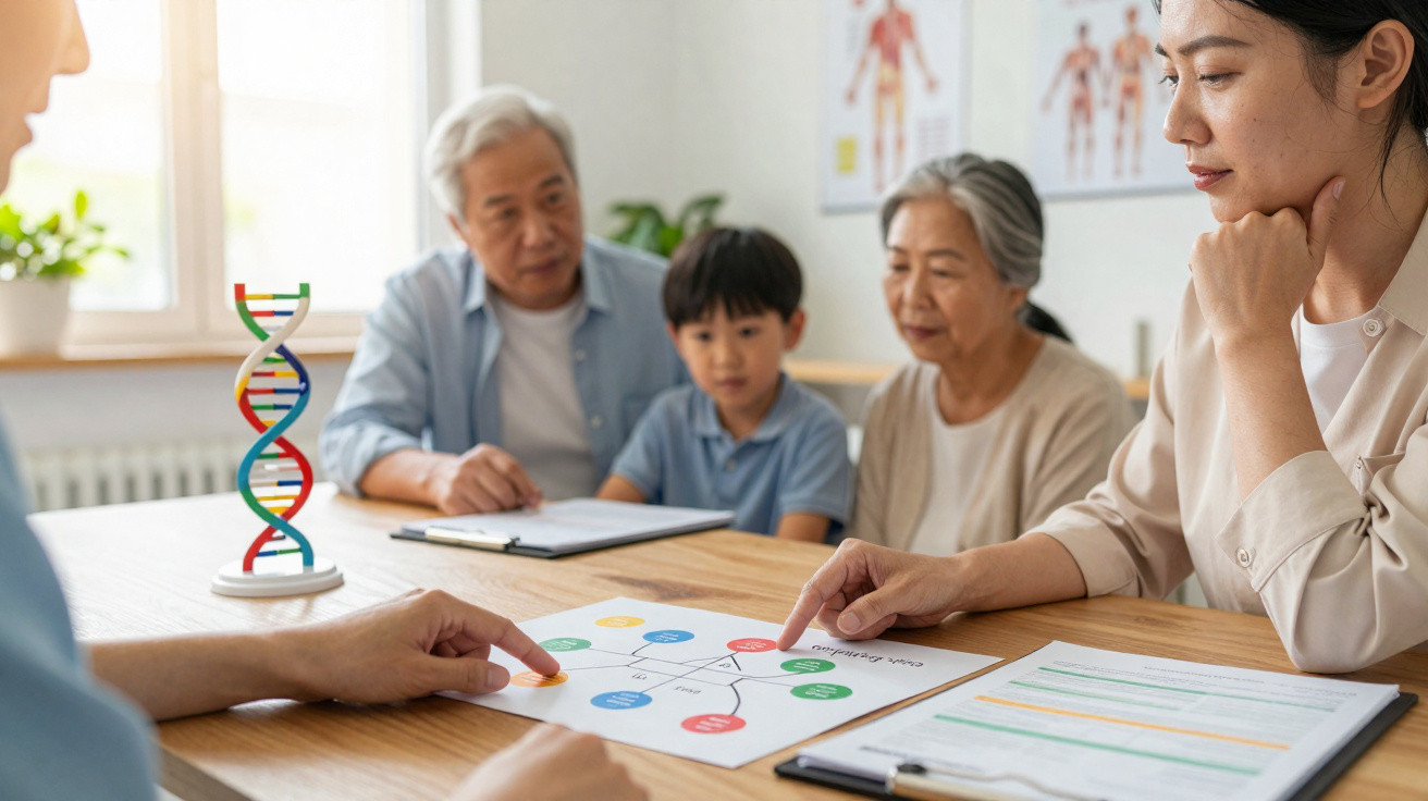 Consulta genética com médica a explicar resultados a casal idoso e criança numa sala iluminada.