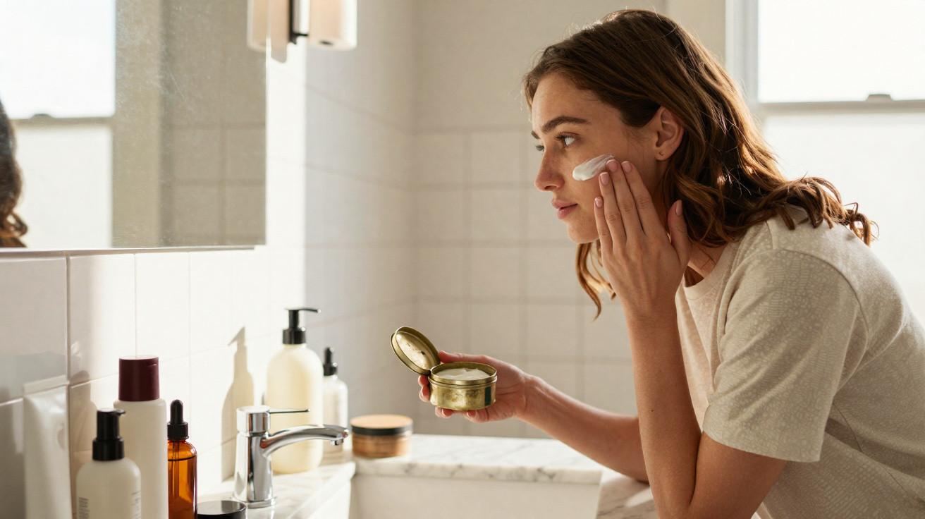 Mulher a aplicar creme facial, olhando para o espelho numa casa de banho iluminada.