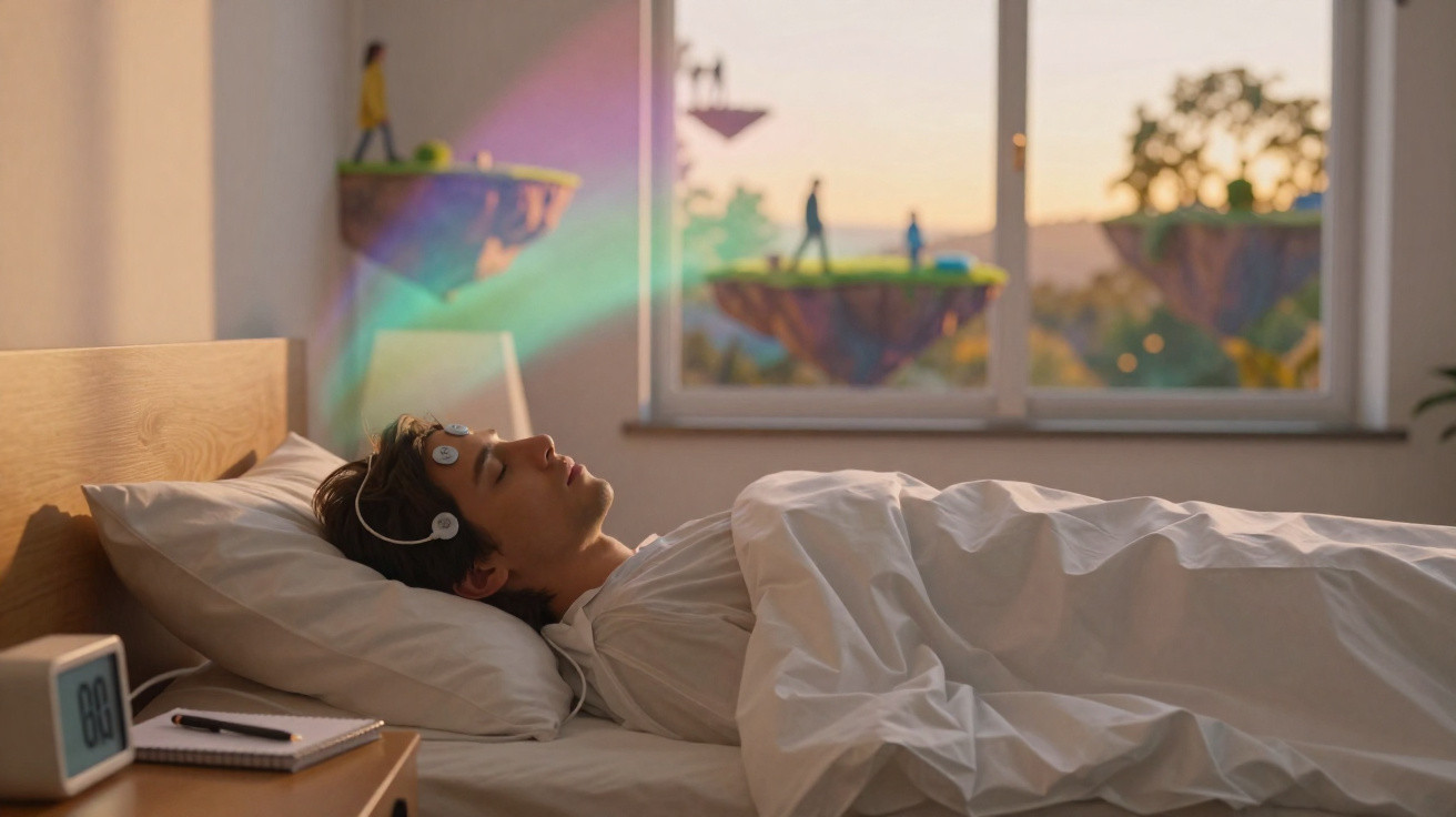 Pessoa deitada a dormir com dispositivo na cabeça e imagens de ilhas flutuantes projetadas na parede.