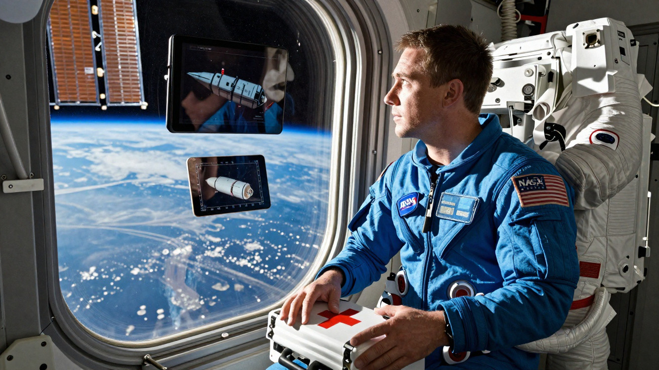Astronauta da NASA em traje azul observa a Terra do espaço segurando um estojo médico.