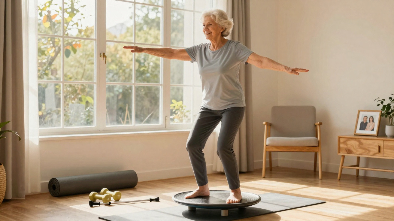 Mulher idosa a equilibrar-se numa prancha de fitness numa sala iluminada com pesos e tapete no chão.