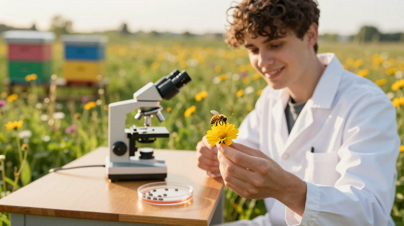 Jovem cientista em campo com bata branca observa uma abelha numa flor amarela, com microscópio e petri na mesa.