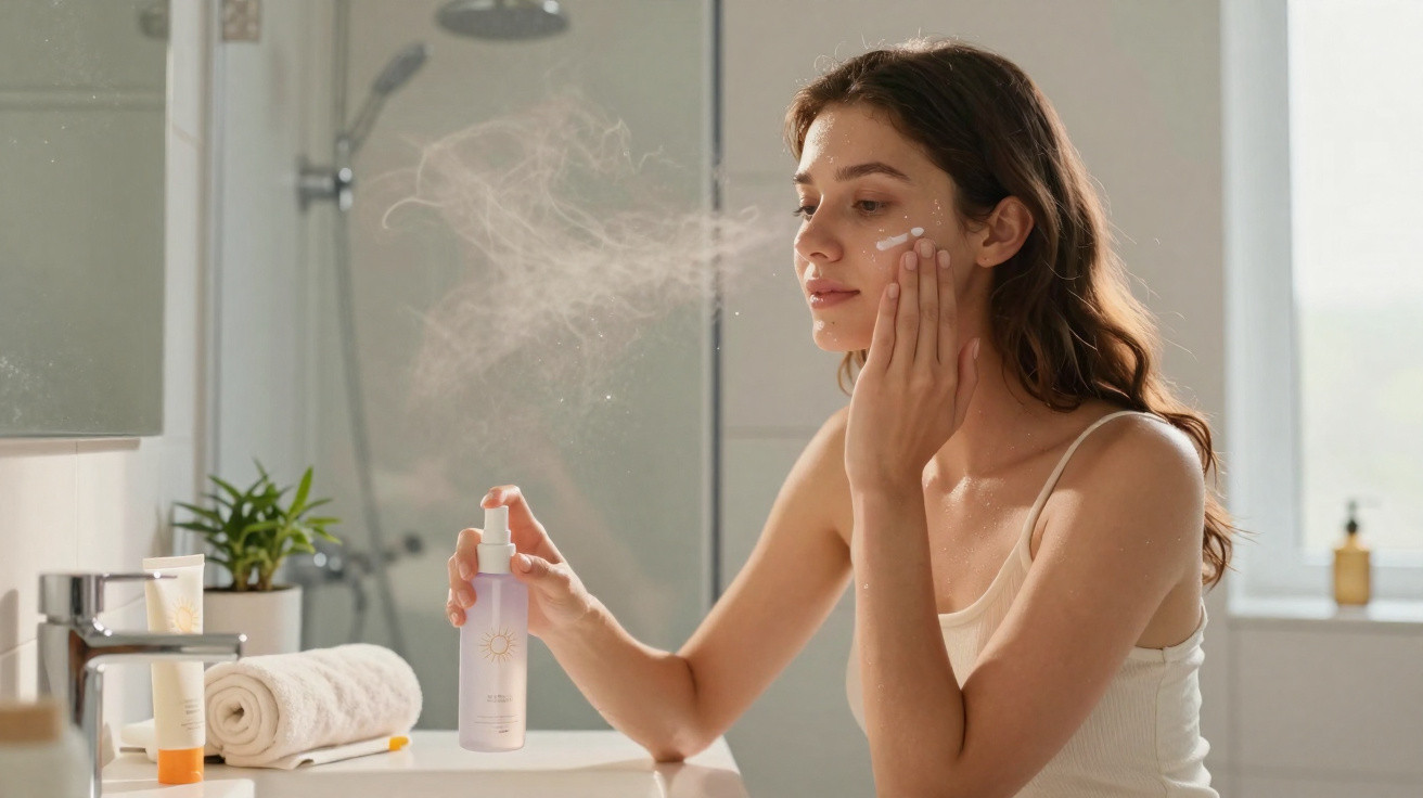 Mulher aplica spray facial num banheiro moderno, com plantas e produtos de cuidado da pele.