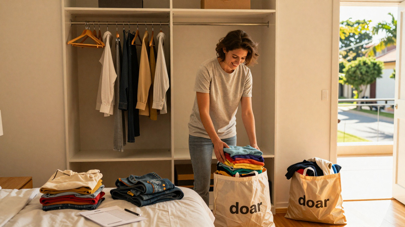 Mulher organiza roupas para doação em sacos dentro de um quarto iluminado e arrumado.