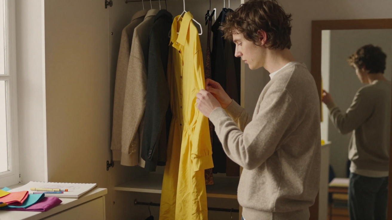 Homem a escolher um vestido amarelo numa cabine de roupa, com espelho ao fundo e luz natural.