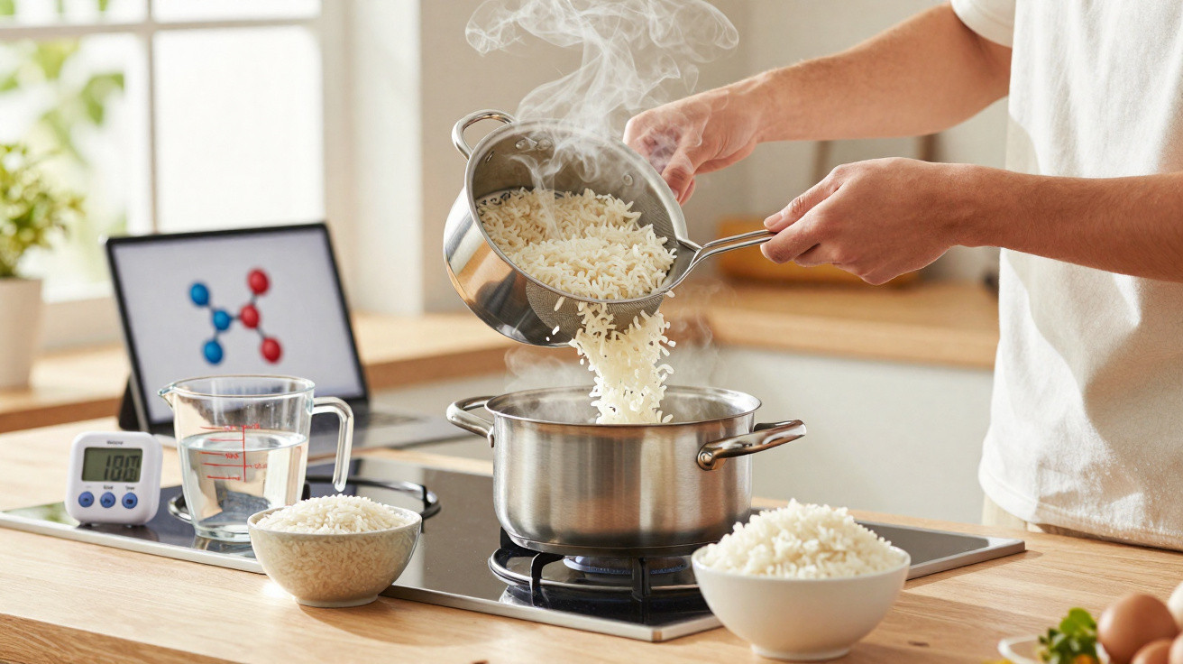 Pessoa a escorrer arroz cozido para uma panela de aço num fogão moderno numa cozinha iluminada.
