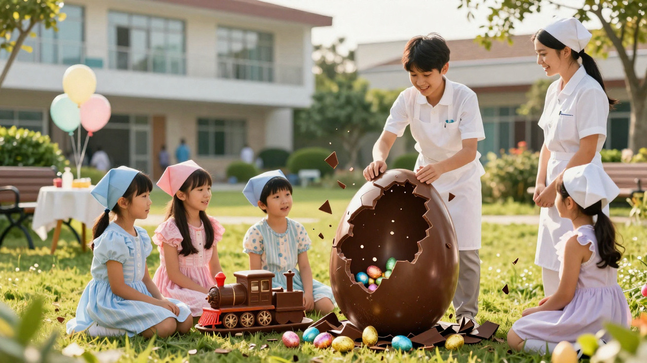 Crianças e enfermeiros no jardim com ovo de chocolate gigante aberto e ovos coloridos na relva.
