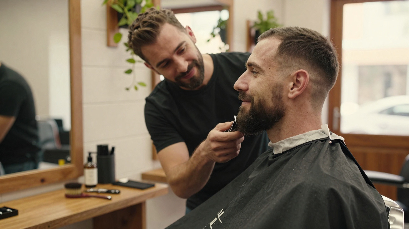 Homem a aparar a barba de outro homem sorridente numa barbearia com decoração rústica.
