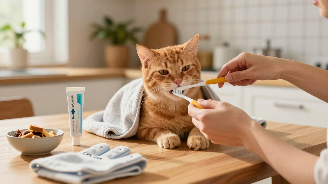 Gato laranja a ter os dentes escovados por uma pessoa numa cozinha com toalha e pasta dentífrica.