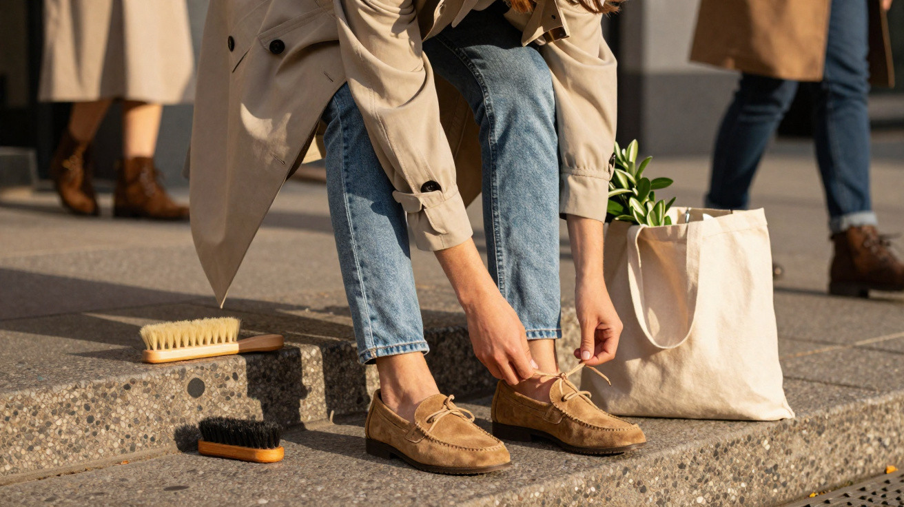 Pessoa a calçar sapatos castanhos num passeio com dois escovas de limpeza e uma mala de tecido bege com planta.