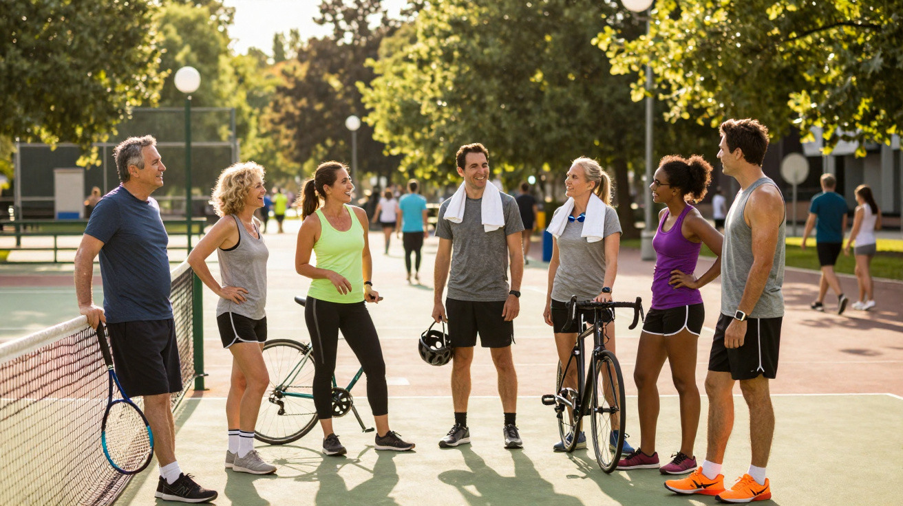 Grupo diversificado de adultos pós-exercício ao ar livre, junto a rede de ténis com bicicletas e raquete.