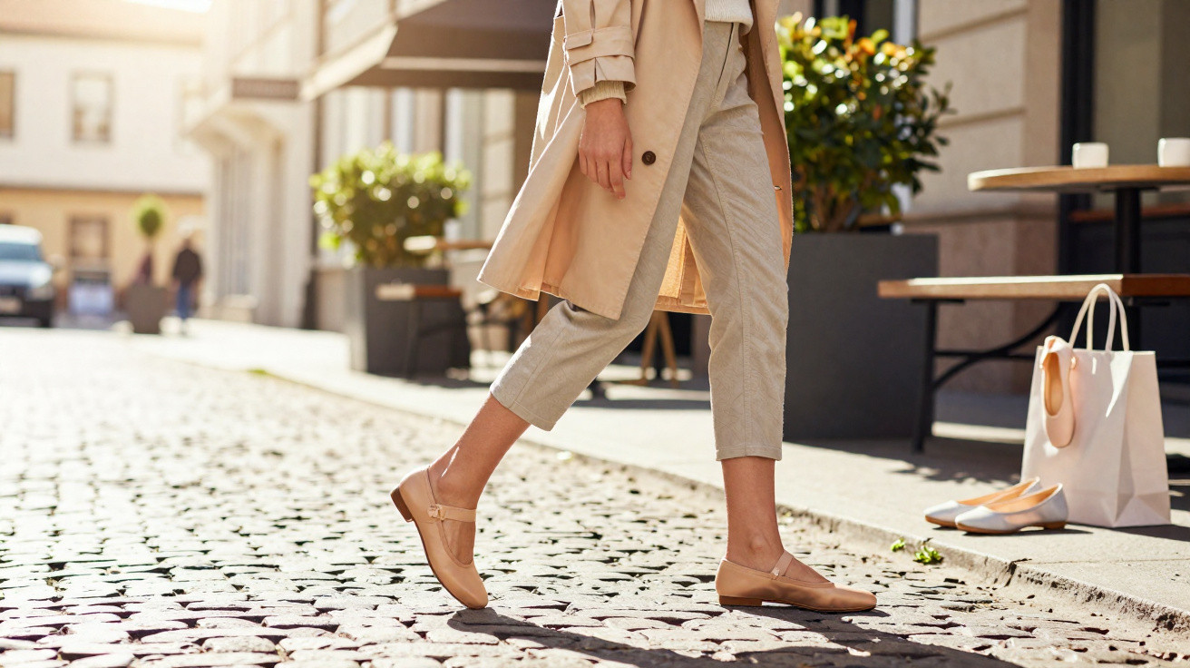 Pessoa a caminhar numa rua com calçado e roupa clara, ao lado de sapatos e saco de compras.
