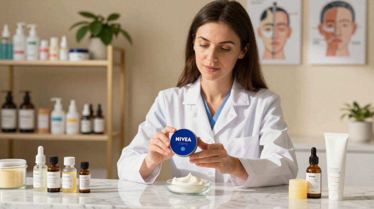 Mulher com bata branca segura creme Nivea num consultório com produtos cosméticos à sua volta.