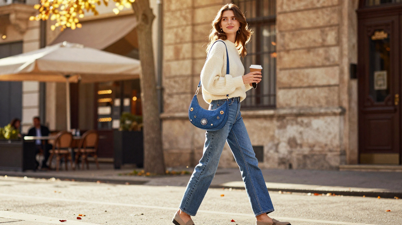 Mulher jovem de blazer branco e jeans azuis a caminhar na rua com café na mão e mala azul aos ombros.