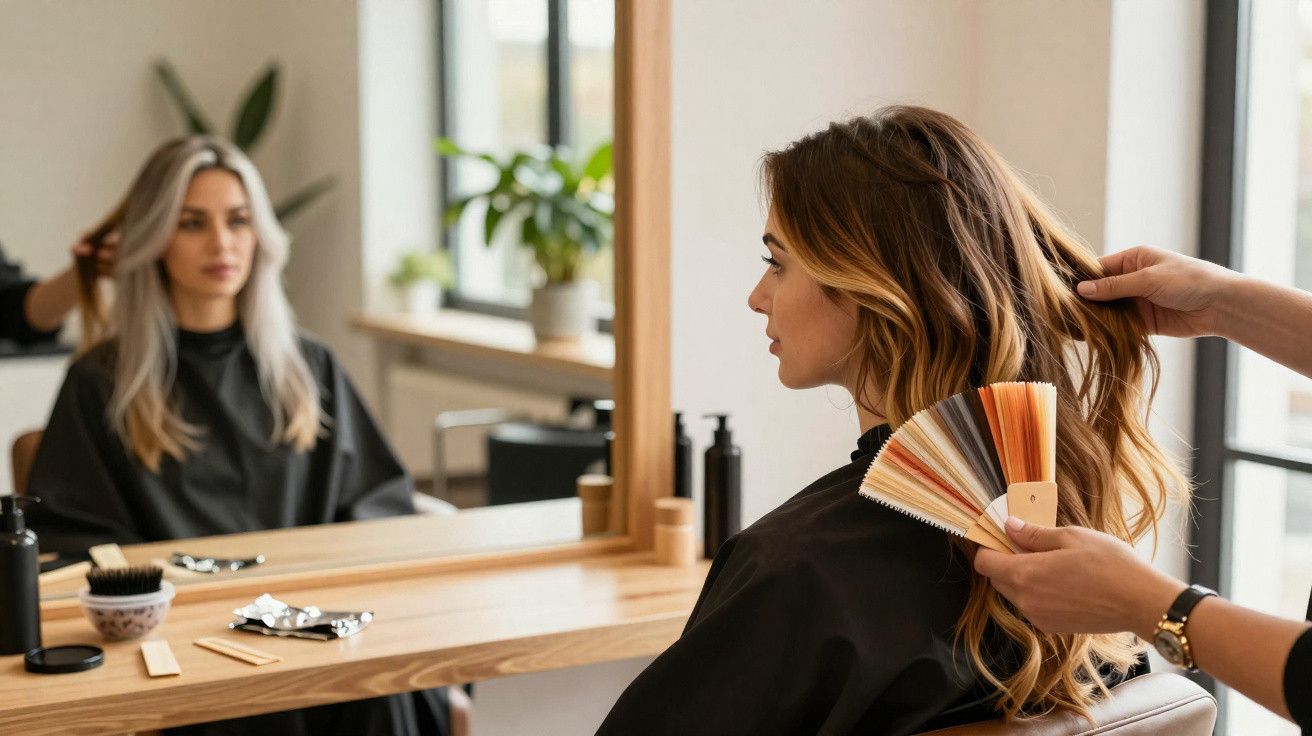 Mulher no salão de cabeleireiro a escolher cor de cabelo com amostras de tintas.