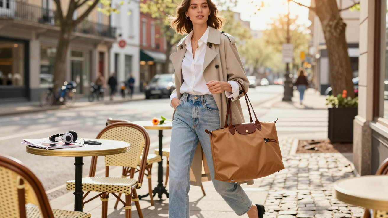Mulher elegante com gabardina bege, camisa branca e jeans, caminhando numa rua urbana com bolsas e cadeiras de esplanada.