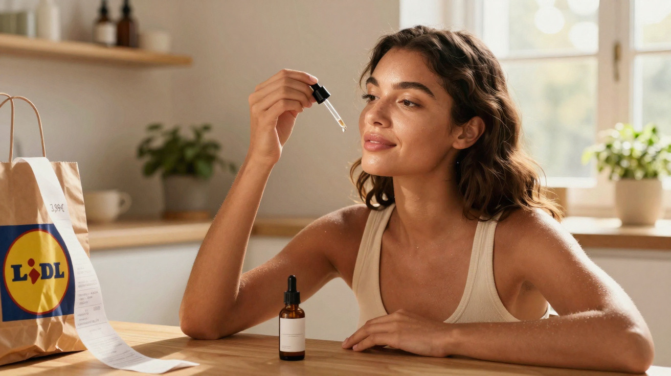 Mulher a aplicar soro facial com conta-gotas numa cozinha com sacola do Lidl ao lado.