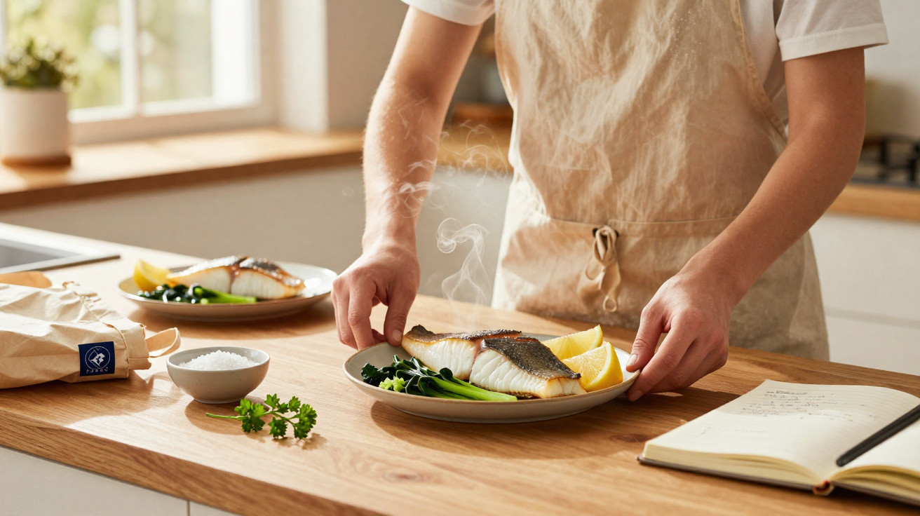 Pessoa a servir prato com peixe grelhado, legumes e limão numa cozinha moderna iluminada.