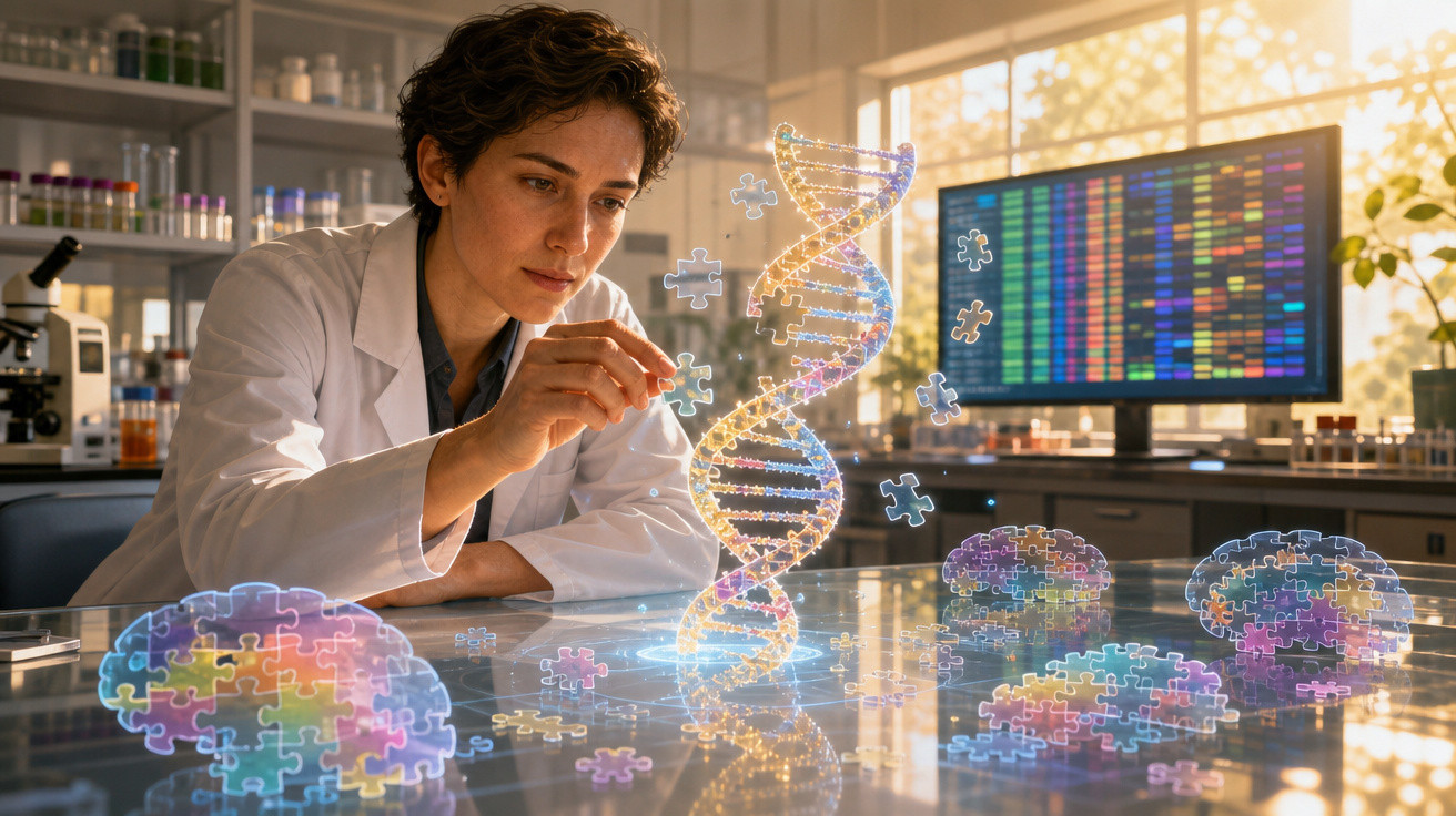 Cientista a estudar uma cadeia de ADN em forma de puzzle holográfico num laboratório moderno.