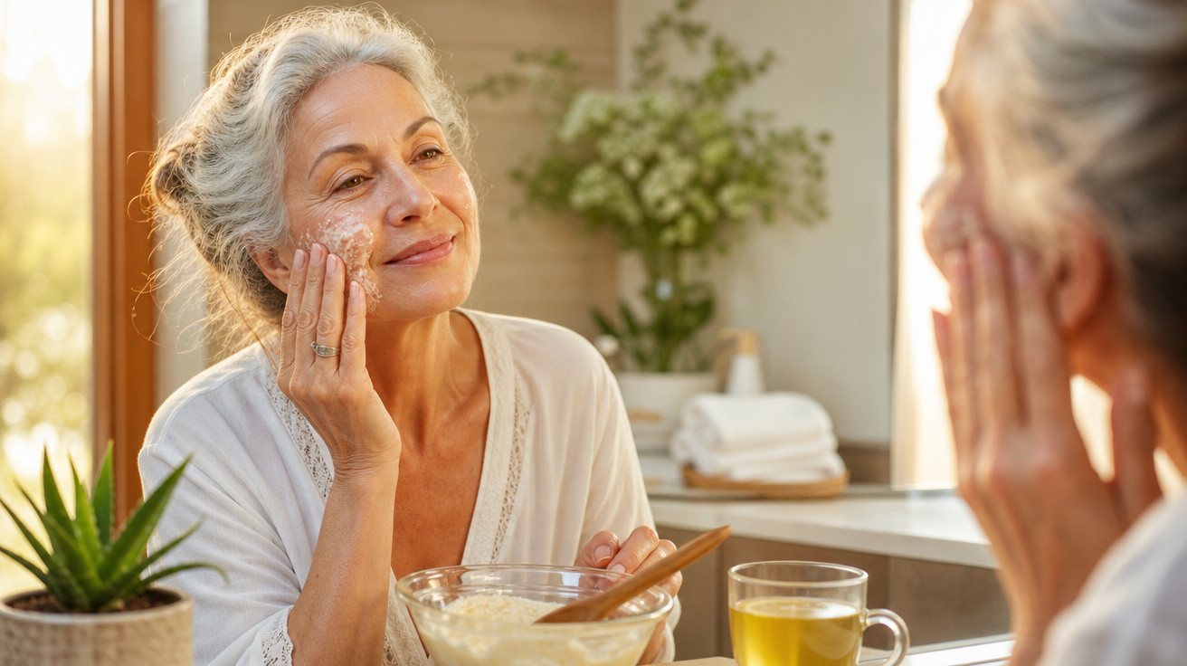 Mulher sénior a aplicar creme no rosto sentada numa cozinha iluminada, com planta e chá na mesa.