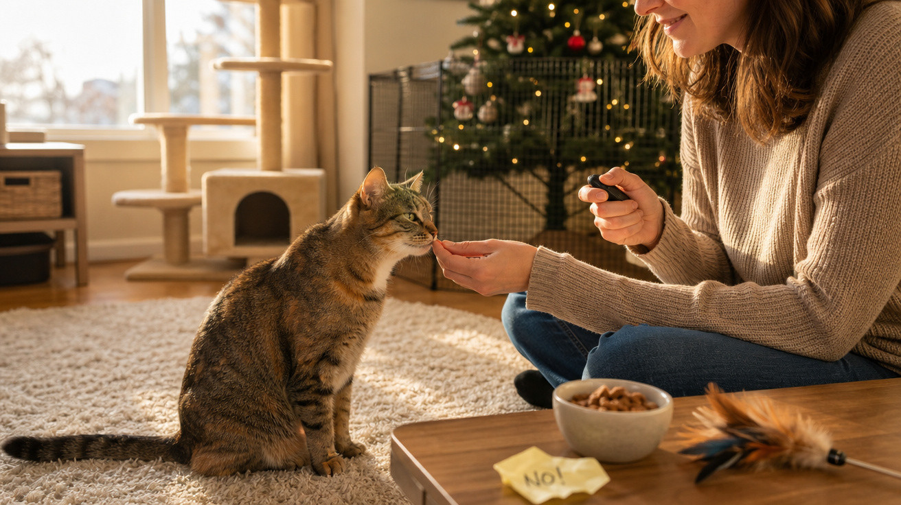 Mulher a dar comida a um gato dentro de casa com árvore de Natal ao fundo.